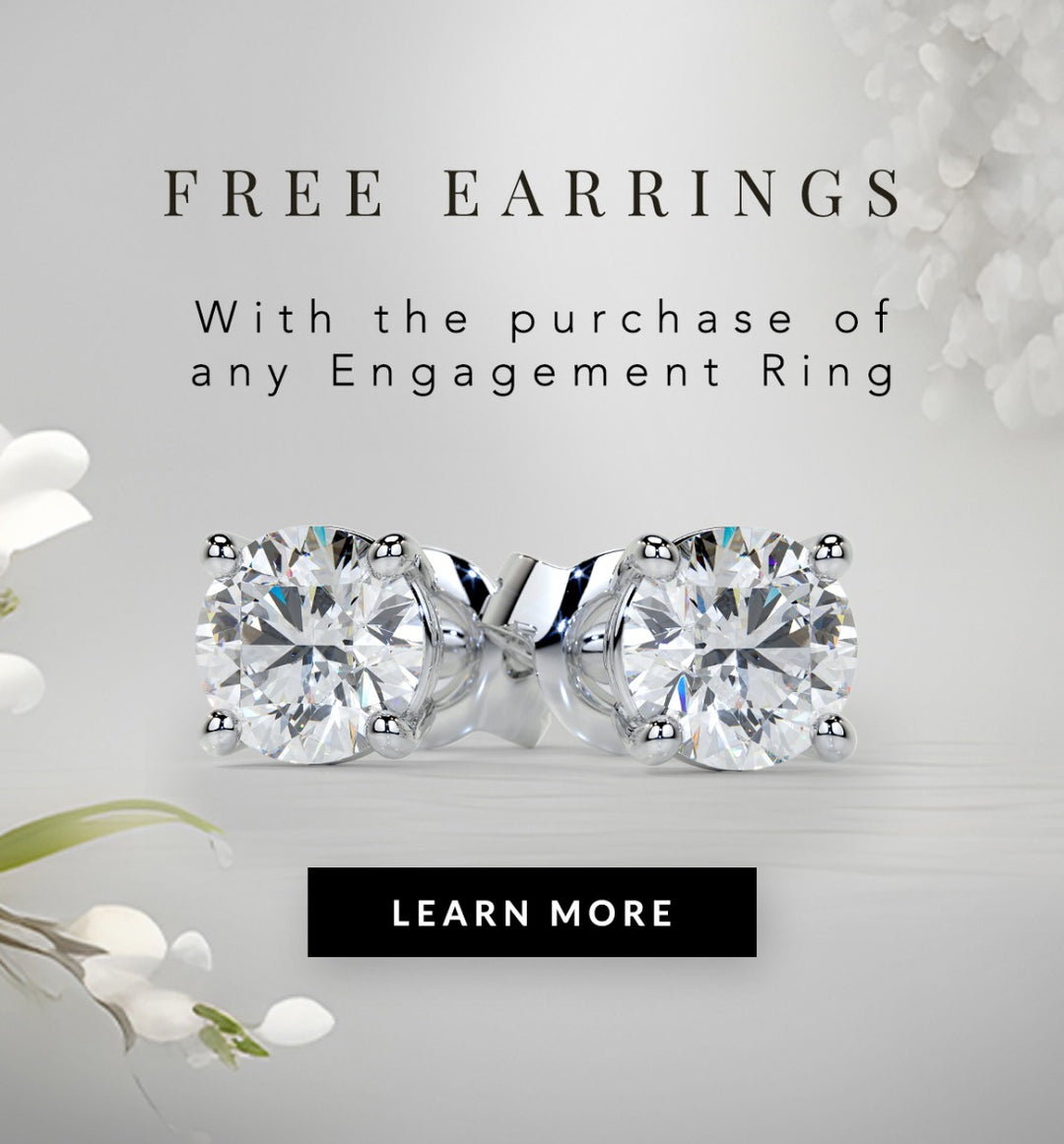 Diamond earrings with promotional text on a light gray background