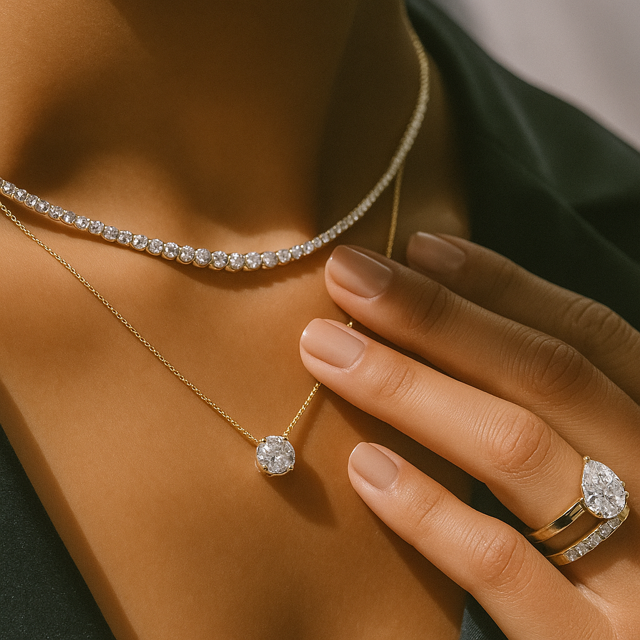 Gold necklace with a diamond pendant worn by a person, with a hand touching the necklace.