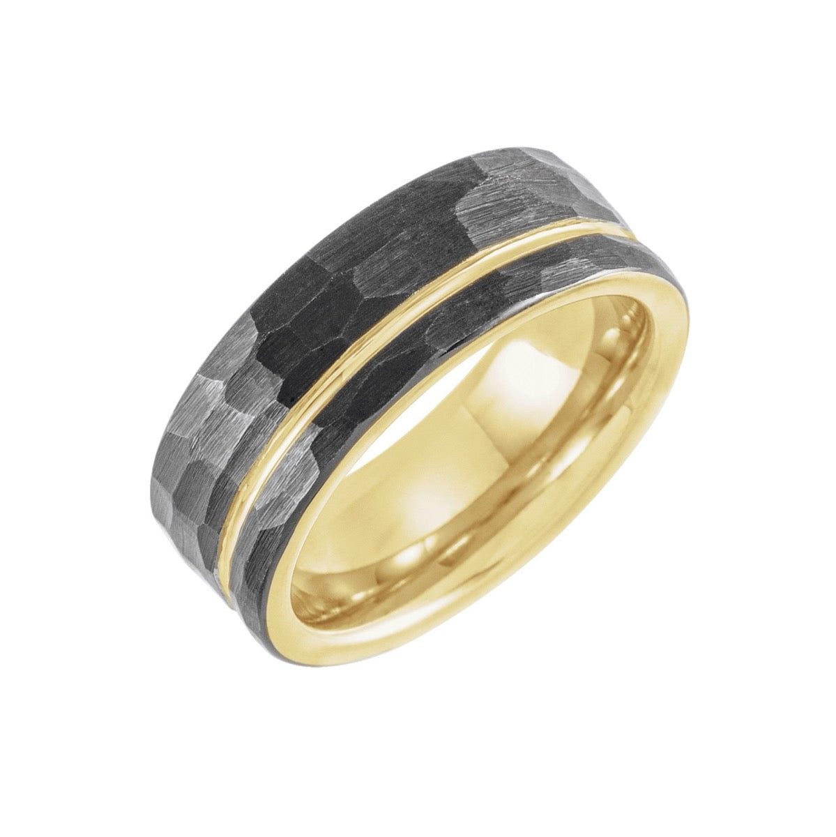 Black & 18K Yellow Gold PVD Tungsten 8 mm Grooved Band With Hammer Finish