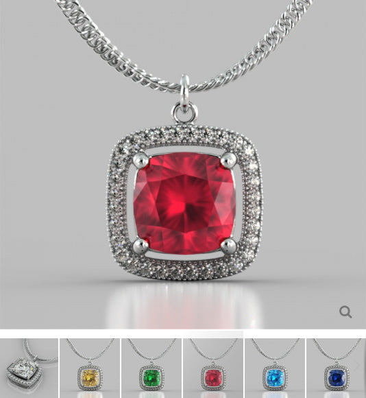 Cushion Style Halo Pendant with Round Cut Color Center Stone