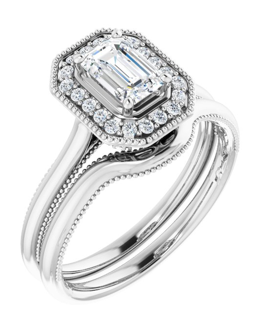 1.20CTW Lab Grown Diamond Emerald Cut Pavé Halo Engagement Ring With Filigree Design