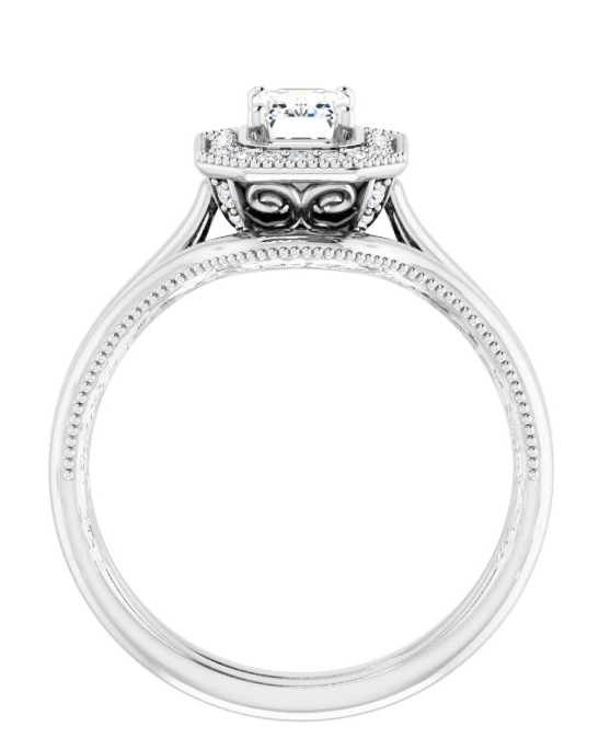 1.20CTW Lab Grown Diamond Emerald Cut Pavé Halo Engagement Ring With Filigree Design