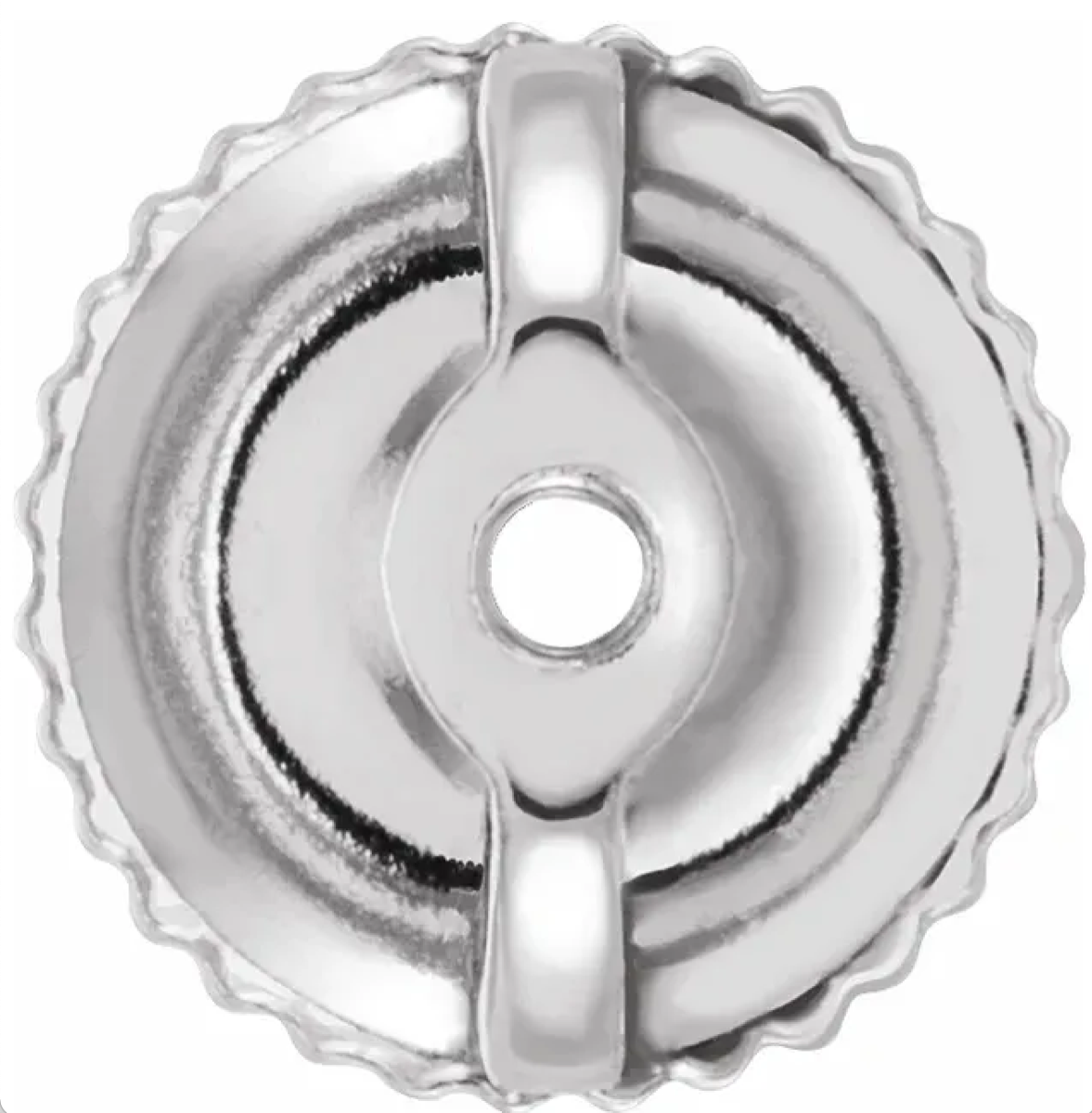 Silver charm with a circular design on a white background