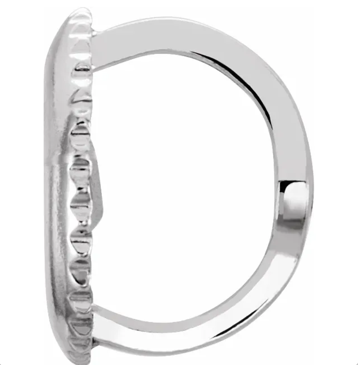 Silver ring with a detailed band on a white background